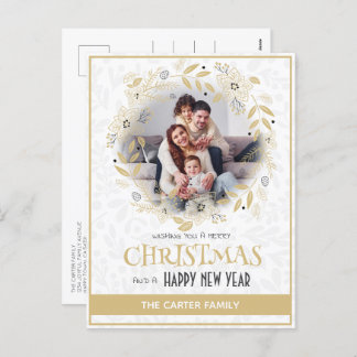 Cute Modern Poinsettia Gold Christmas Wreath Photo Holiday Postcard
