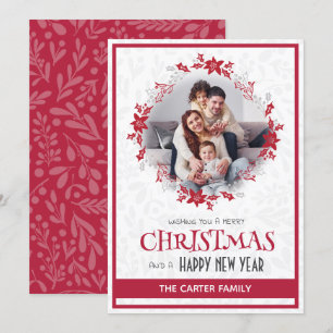 Cute Modern Poinsettia Red Christmas Wreath Photo Holiday Card