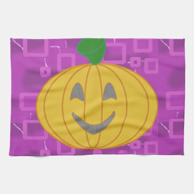Cute Modern Pumpkin on Purple Geometric  Tea Towel (Horizontal)
