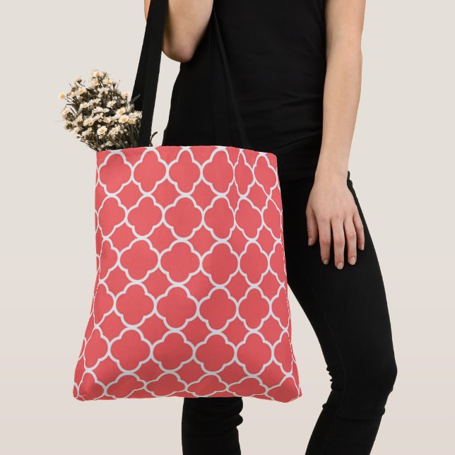 Cute Modern Quatrefoil Geometric Pattern Coral  Tote Bag (Close Up)