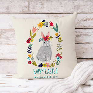 Cute modern rabbit with floral wreath personalised cushion
