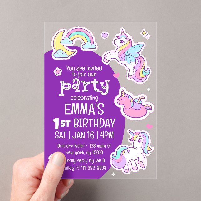 Cute Modern Rainbow Unicorns Kid's Birthday Party Acrylic Invitations (Insitu (Handheld))