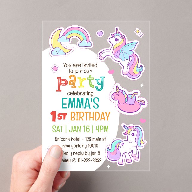 Cute Modern Rainbow Unicorns Kid's Birthday Party Acrylic Invitations (Insitu (Handheld))