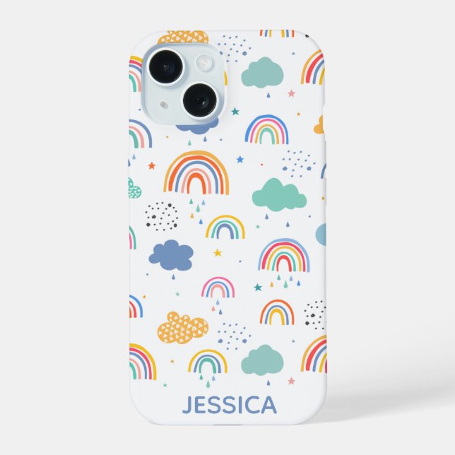 Cute Modern Rainbows & Clouds Pattern Personalised iPhone 15 Case (Back)
