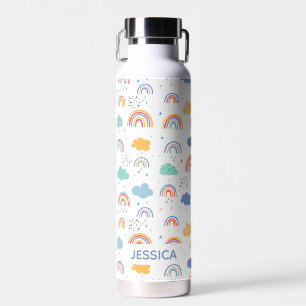 Cute Modern Rainbows & Clouds Pattern Personalised Water Bottle