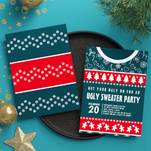 Cute Modern Red and Blue Ugly Sweater Xmas Party Invitation