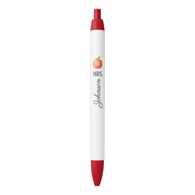 Cute Modern Red Apple Teacher Monogram Black Ink Pen (Front Vertical)
