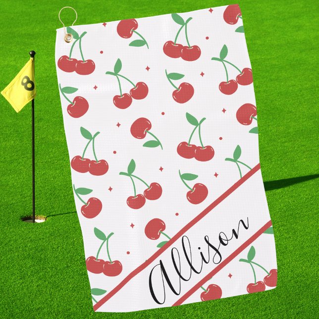 Cute Modern Red Cherries Elegant Monogrammed Golf Towel (Creator Uploaded)
