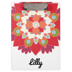 Cute Modern Red Floral Lotus Mandala Personalised Clipboard