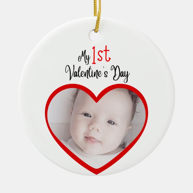 Cute Modern Red Heart My 1st Valentine's Day Ceramic Tree Decoration (Front)