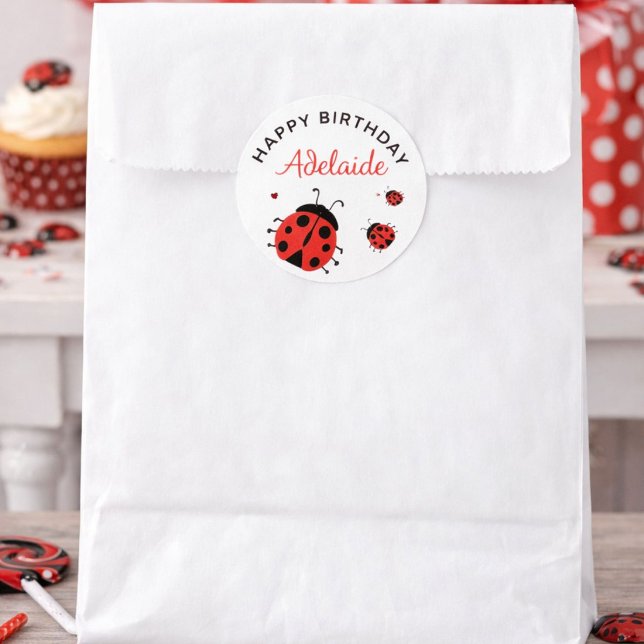 Cute Modern Red Ladybug Happy Birthday Custom Classic Round Sticker (Creator Uploaded)