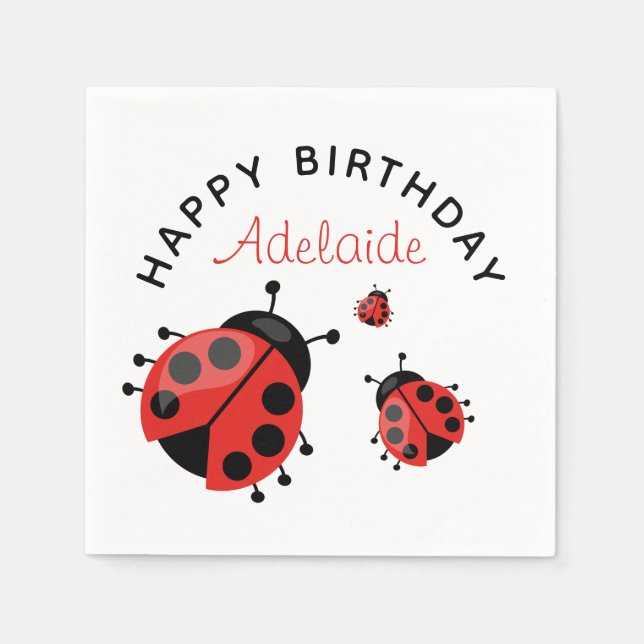 Cute Modern Red Ladybug Happy Birthday Custom Napkin (Front)