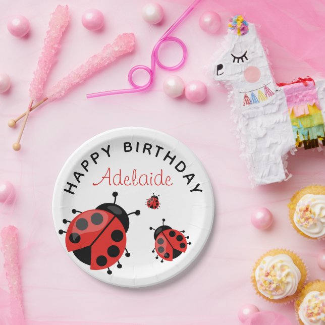 Cute Modern Red Ladybug Happy Birthday Custom Paper Plate (Party)