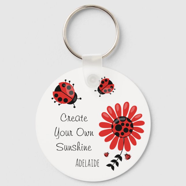 Cute Modern Red Ladybug Personalised Name Key Ring (Front)