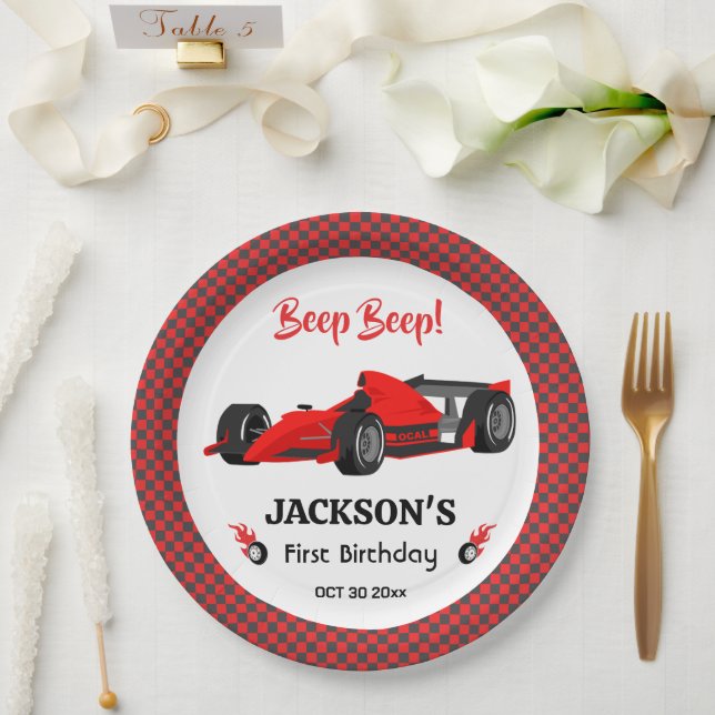 Cute modern Red Racing Car 1st birthday Party  Paper Plate (Wedding)