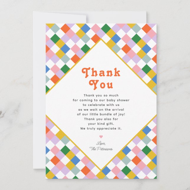 Cute Modern Retro Colourful Checks Gender Neutral Thank You Card (Front)