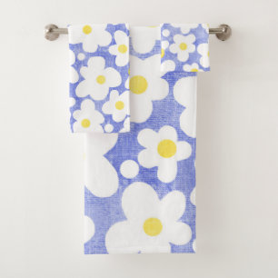 Cute Modern Retro Daisy Blue Bath Towel Set