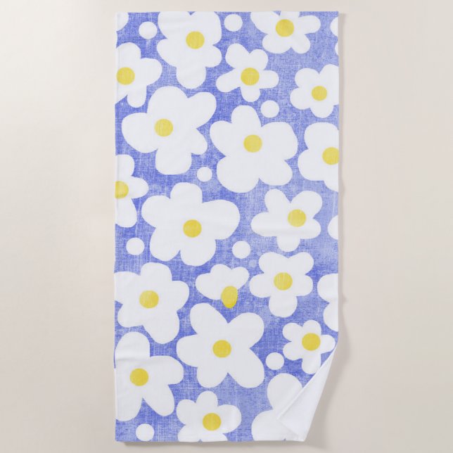 Cute Modern Retro Daisy Blue Yellow White Beach Towel (Front)