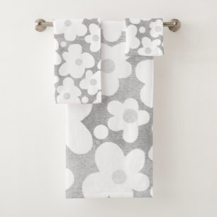 Cute Modern Retro Daisy Grey Bath Towel Set