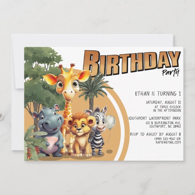 Cute Modern Safari Baby Animals Birthday Party Invitation (Front)