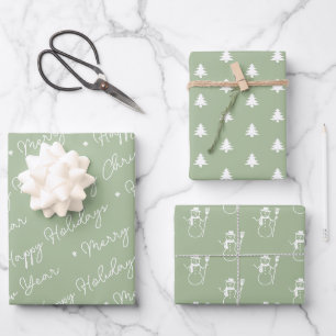 Cute Modern Sage Green Snowman Christmas Trees Wrapping Paper Sheet