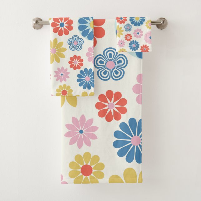 Cute Modern Scandi Boho Folk Flower Pattern Bath Towel Set (Insitu)