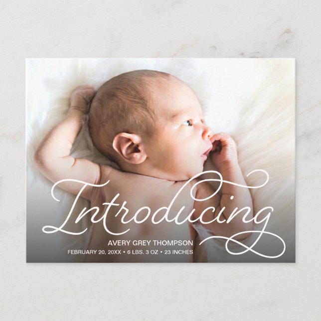 Cute Modern Script Introducing Baby Photos Postcard (Front)