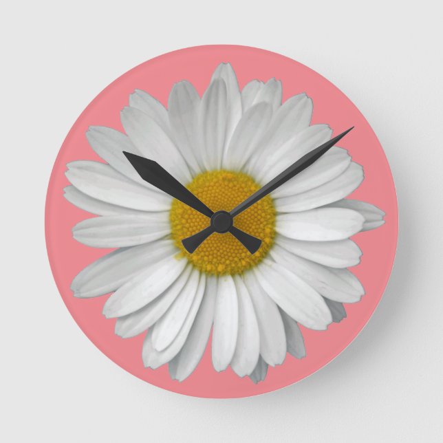 Cute Modern Simple Daisy Flower Coral Pink Round Clock (Front)