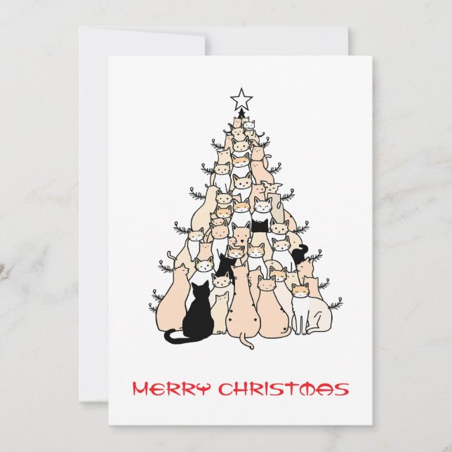 Cute Modern Simple Minimal Cat Christmas Tree  Holiday Card (Front)
