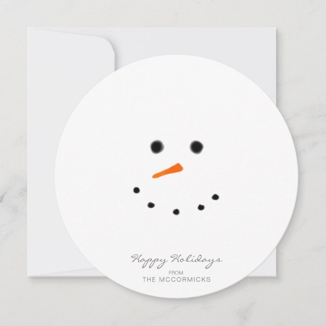 Cute Modern Snowman Face Round Greeting Holiday Card (Front)