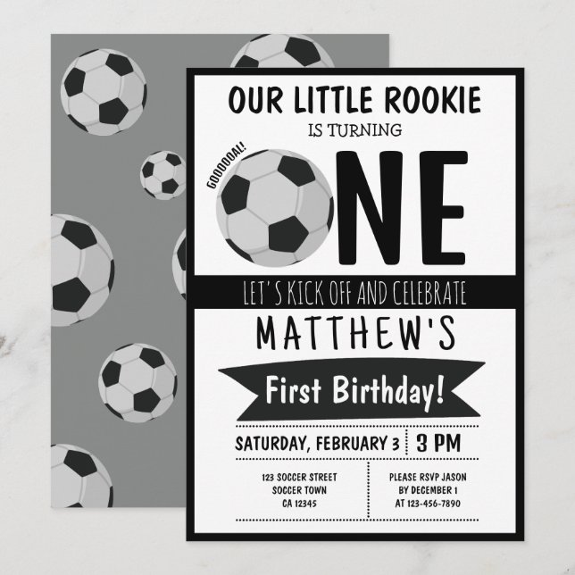 Cute Modern Soccer Ball Ribbon Kids 1st Birthday Invitation (Front/Back)