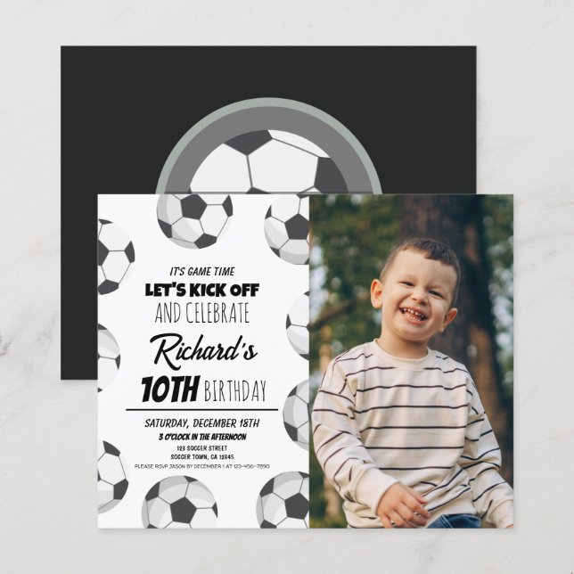 Cute Modern Soccer Budget Photo Birthday Invite (Front/Back)