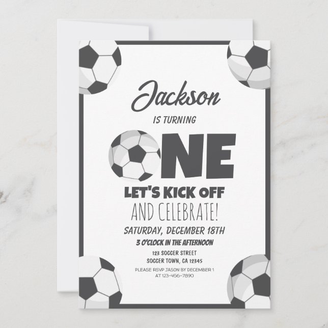 Cute Modern Soccer Sports Kids 1st Birthday Invitation (Front)