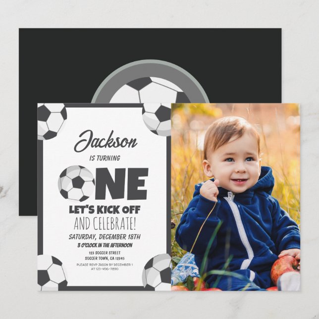 Cute Modern Soccer Sports Photo 1st Birthday Invitation (Front/Back)