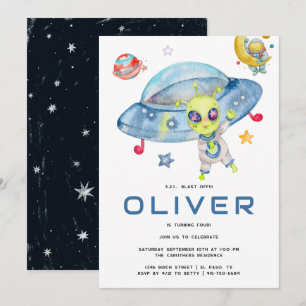Cute Modern Space Alien UFO Birthday Party Invitation