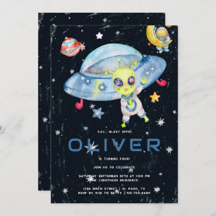 Cute Modern Space Alien UFO Birthday Party  Invitation