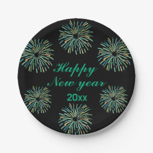 Cute Modern sparkling Black Happy New year  Paper Plate
