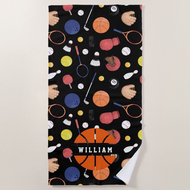Cute Modern Sports Champion Custom Kids Black Beach Towel (Front)