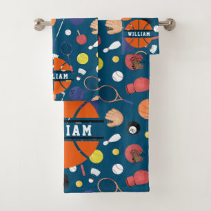 Cute Modern Sports Champion Personalised Kids Blue Bath Towel Set