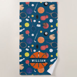 Cute Modern Sports Champion Personalised Kids Blue Beach Towel