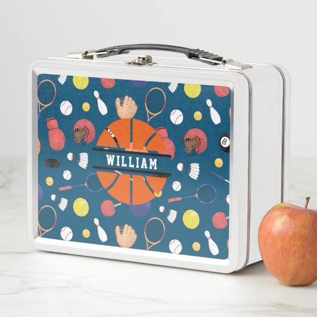 Cute Modern Sports Champion Personalised Kids Blue Metal Lunch Box (In Situ)