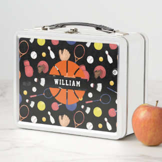 Cute Modern Sports Champion Personalised Kids Blue Metal Lunch Box