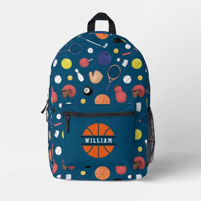 Cute Modern Sports Champion Personalised Kids Blue Printed Backpack (Front)