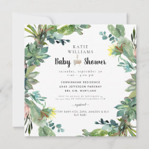 Cute Modern Succulent Cactus Baby Shower Square  Invitation