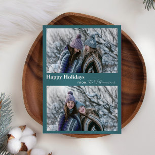 Cute Modern Teal Green Two Photo Typography Happy Holiday Card