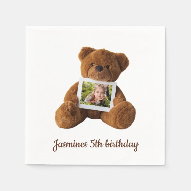 Cute modern teddy  bear photo birthday  napkin (Front)