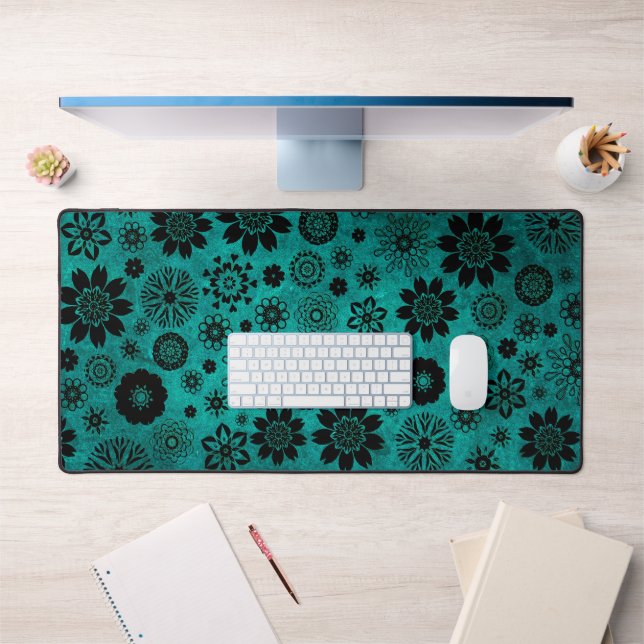  Cute Modern Trendy Girly Cool Floral Pattern Teal Desk Mat (Office 1)