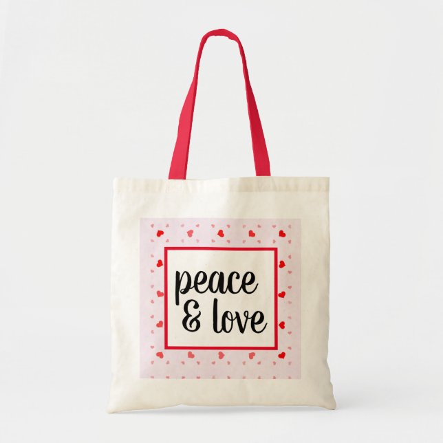 Cute Modern Typography Peace and Love Hearts Tote Bag (Front)