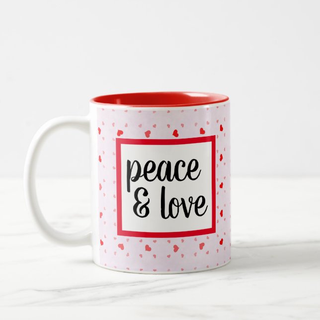 Cute Modern Typography Peace and Love Two-Tone Coffee Mug (Left)