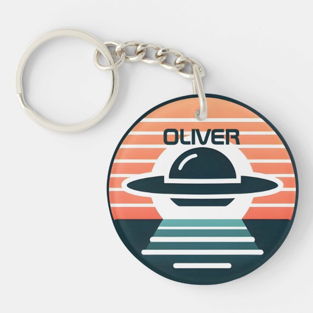 Cute Modern UFO Design at Sunset Key Ring (Front)